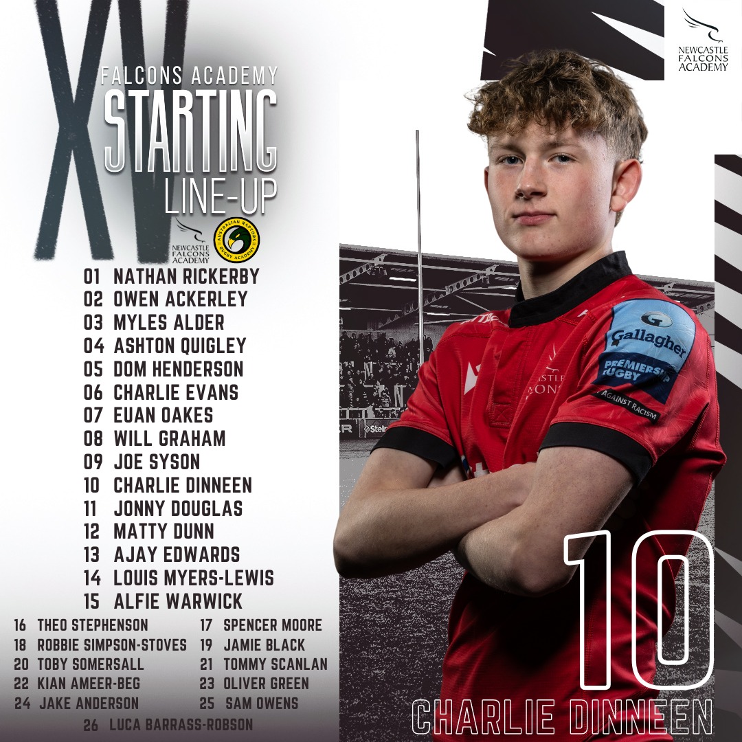 📣 TEAM ANNOUNCEMENT 📣 Here is our lineup for our u16s game tomorrow against Australian Raptors. Can't wait to see them in action, it's going to be a great game🦅 Kick off is 11:30 at Kingston Park! #FutureFalcons #TrueNorth
