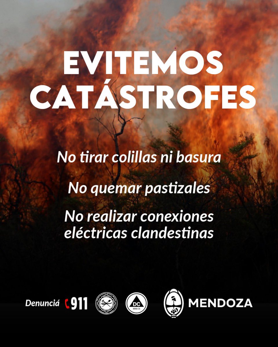 MendozaGobierno's tweet photo. MENDOZA EN ALERTA EXTREMA POR #INCENDIOS
 
🖐️Te recomendamos:
🔥❌NO REALIZAR FUEGO fuera de las áreas de recreación destinadas para tal fin y extremar las medidas de control en las mismas.
💧Aumentar la humedad del ambiente.

📞Para denuncias o en caso de emergencia llama al 911 https://t.co/wuT9sz2KJi