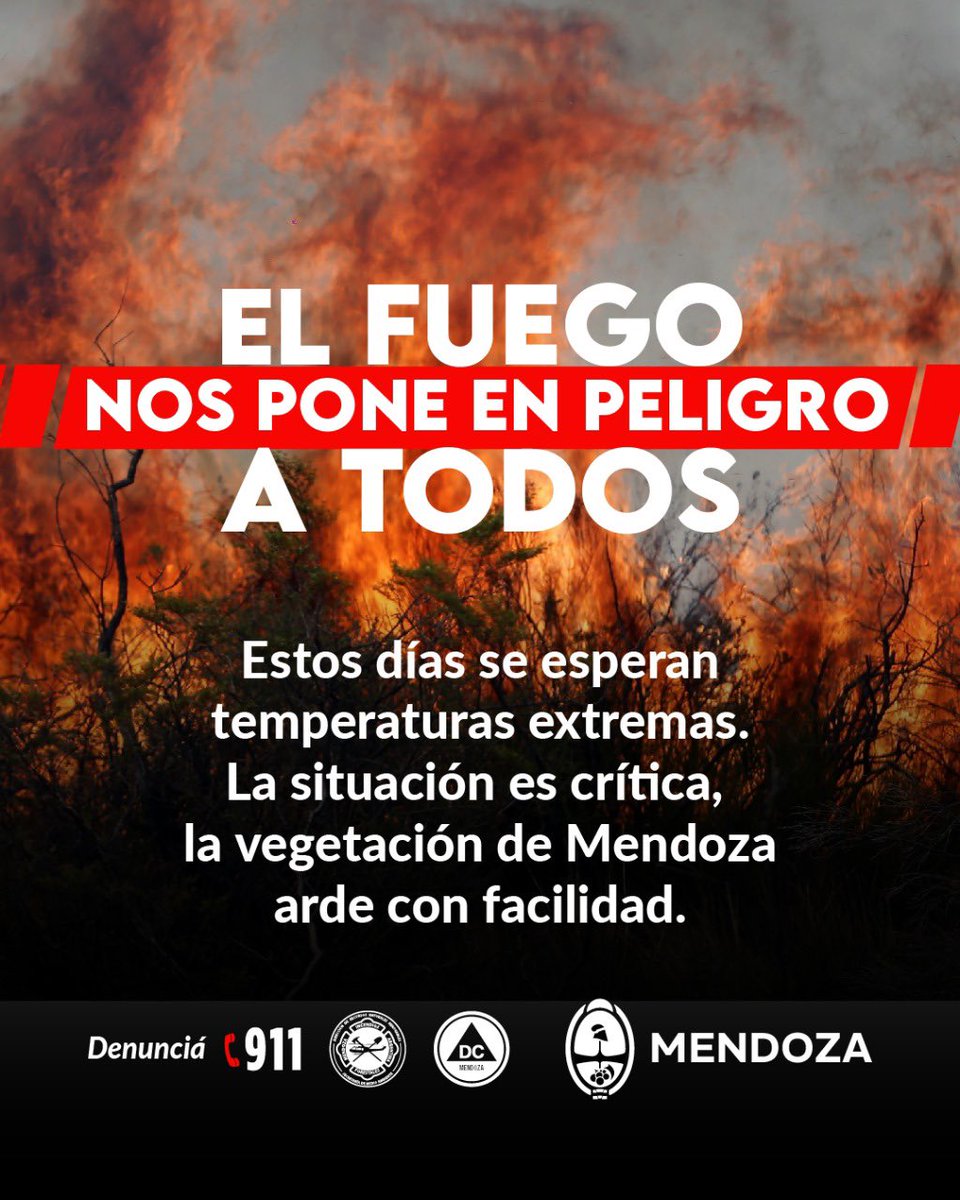 MendozaGobierno's tweet photo. MENDOZA EN ALERTA EXTREMA POR #INCENDIOS
 
🖐️Te recomendamos:
🔥❌NO REALIZAR FUEGO fuera de las áreas de recreación destinadas para tal fin y extremar las medidas de control en las mismas.
💧Aumentar la humedad del ambiente.

📞Para denuncias o en caso de emergencia llama al 911 https://t.co/wuT9sz2KJi