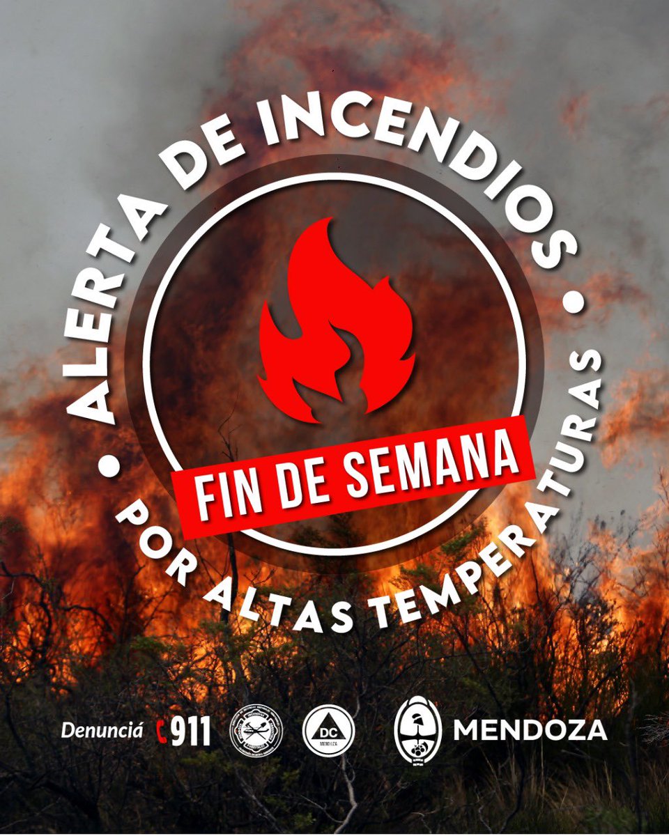 MendozaGobierno's tweet photo. MENDOZA EN ALERTA EXTREMA POR #INCENDIOS
 
🖐️Te recomendamos:
🔥❌NO REALIZAR FUEGO fuera de las áreas de recreación destinadas para tal fin y extremar las medidas de control en las mismas.
💧Aumentar la humedad del ambiente.

📞Para denuncias o en caso de emergencia llama al 911 https://t.co/wuT9sz2KJi