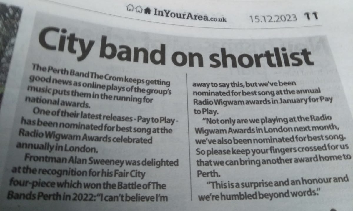 The Crom (@thecrommusic) on Twitter photo Nice wee article about us in the local newspaper today <a href="/The_PA/">PerthshireAdvertiser</a> regarding our Best Song nomination at the <a href="/Radio_WIGWAM/">Radio-WIGWAM</a> Awards in London next month ❤️ Nice wee article about us in the local newspaper today <a href="/The_PA/">PerthshireAdvertiser</a> regarding our Best Song nomination at the <a href="/Radio_WIGWAM/">Radio-WIGWAM</a> Awards in London next month ❤️
