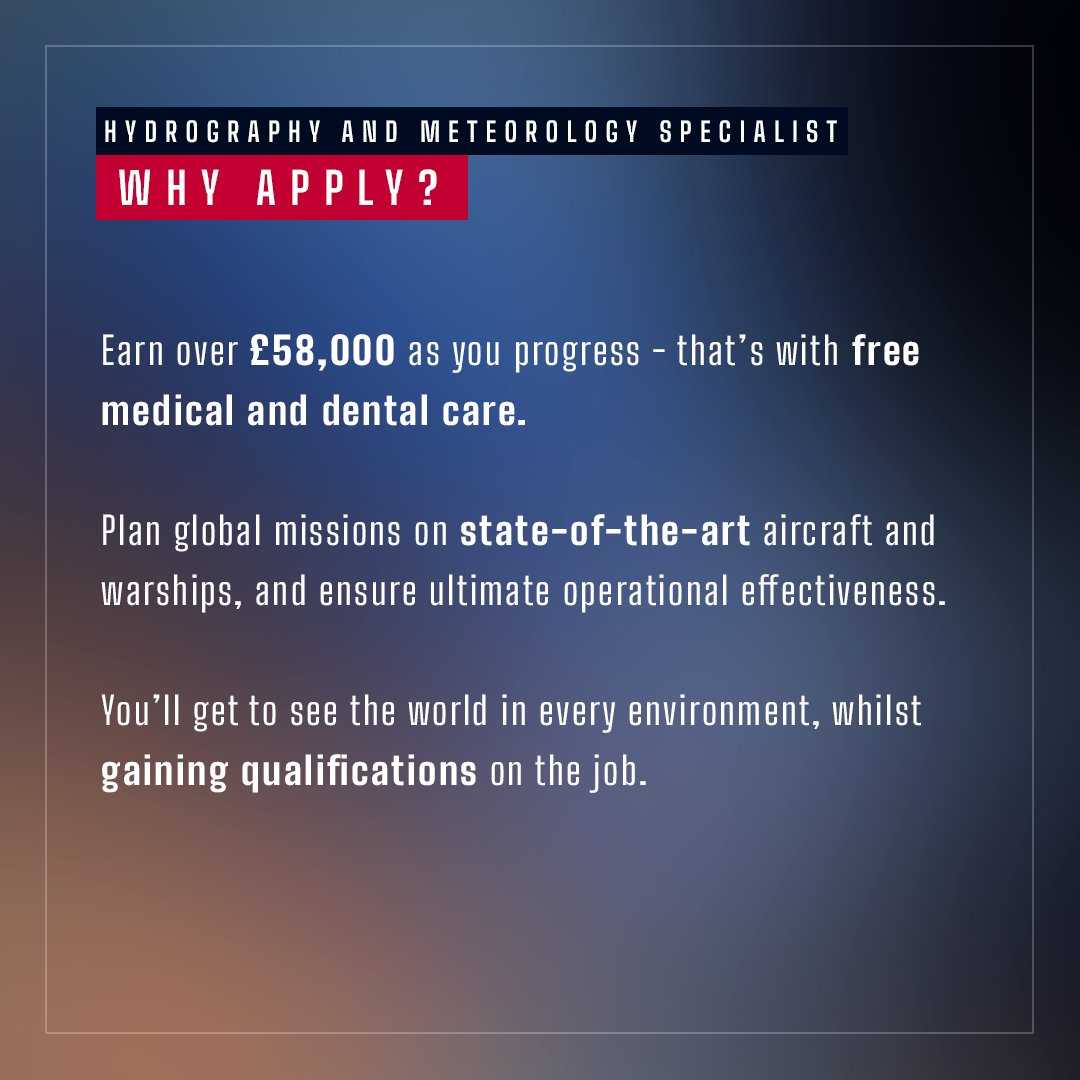 Staying ahead of environmental conditions so our missions are operationally effective is critical. A Hydrography and Meteorology Specialist does just that. If getting out from behind a desk to see more of the world appeals to you - find out more here ow.ly/zwip50Qjfn5