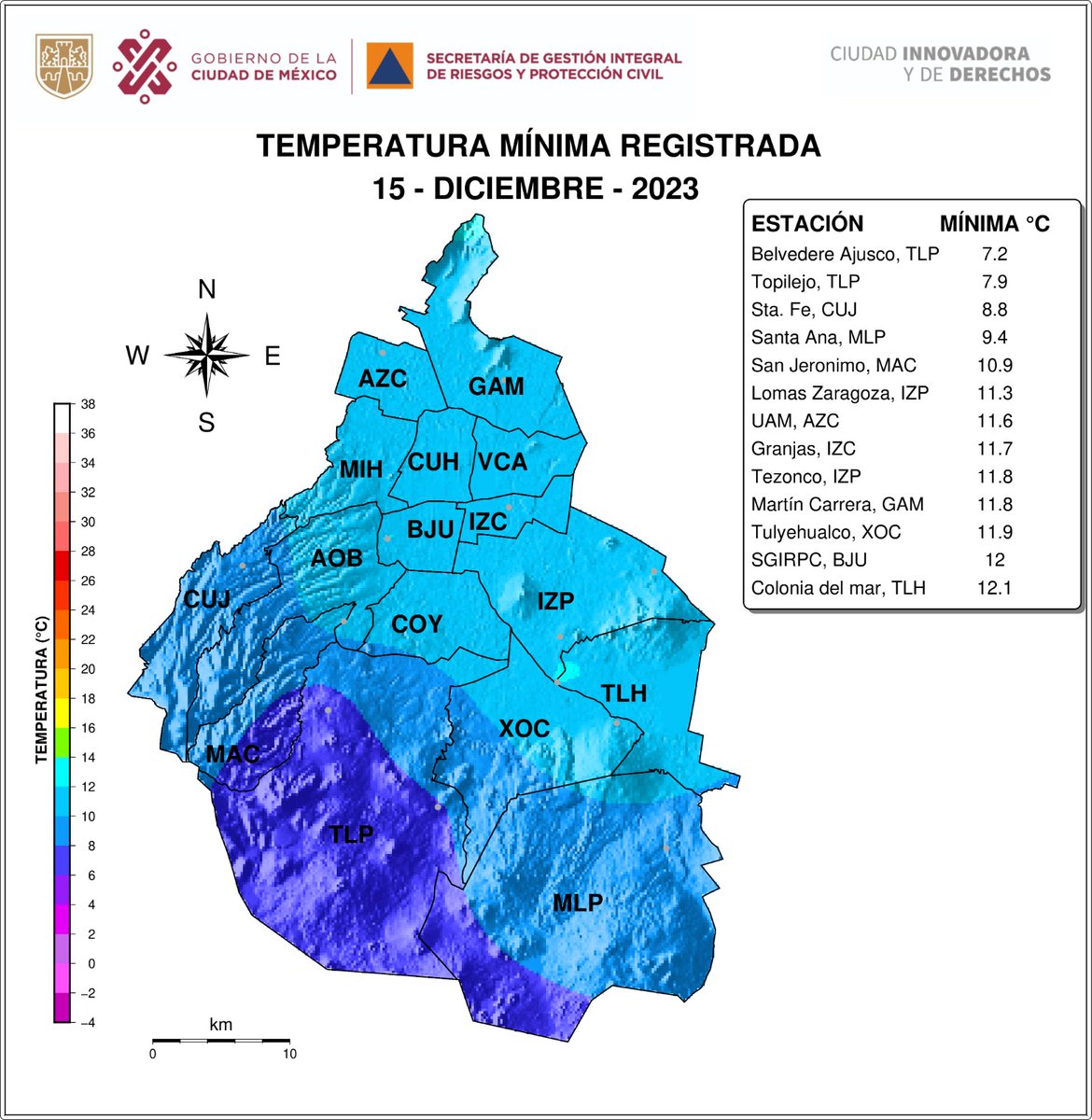 Distribución espacial de las temperaturas mínimas registradas el 15/12/2023 por la red de la SGIRPC. #LaPrevenciónEsNuestraFuerza