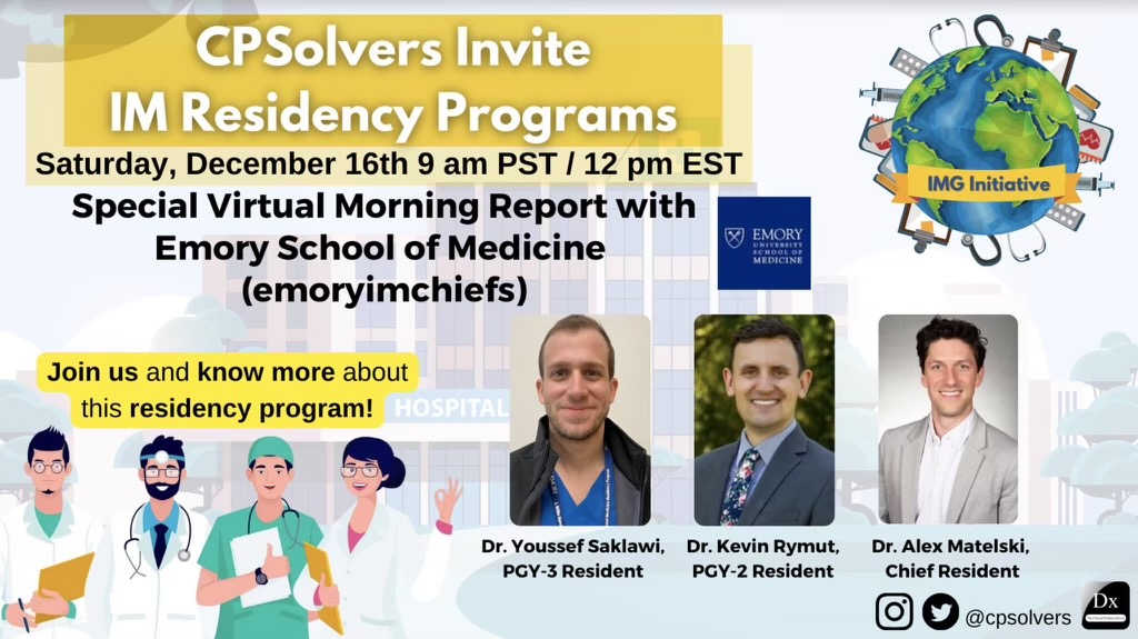 We're stoked our #Emory IM residents are participating in the @CPSolvers VMR tomorrow! Join us as we get in our #ClinicalReasoning reps 💪 with a fantastic case!