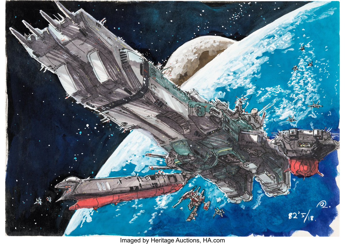 TheSpaceshipper's tweet image. Super Dimension Fortress Macross (1982): CVS-101 Prometheus, SDF-1 and SLV-111 Daedalus, art by Shoji Kawamori