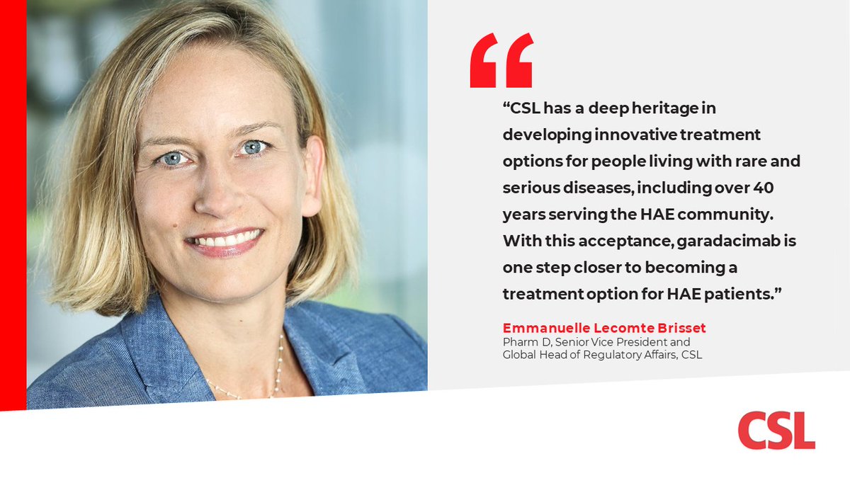 At CSL, we are committed to developing innovative treatment options for the rare disease community. The acceptance of our BLA and MAA for our first-ever homegrown mAb, garadacimab, reflects our commitment to #HereditaryAngioedema patients.