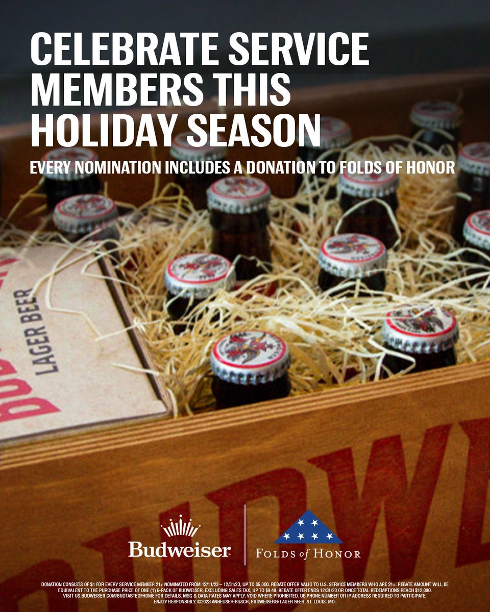 Know a service member away from home for the holidays? We’re helping you give them a taste of home with a six pack rebate, on us. For every 21+ service member you nominate, we’ll donate to our partners at @FoldsOfHonor. Click the link to begin: us.budweiser.com/budtasteofhome