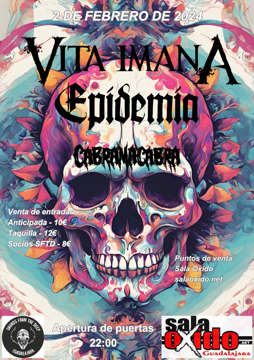 Ya están a la venta las entradas para nuestro concierto junto a Cabra Macabra  y Epidemia  el próximo 2 de Febrero en Guadalajara.
🎫salaoxido.net/event/vita-ima…

Solo 10€ anticipada. Corre que vuelan.

🔥🔥🔥🔥

#VITAIMANA #VI <a href="/OnFireRockPromo/">ON FIRE</a>