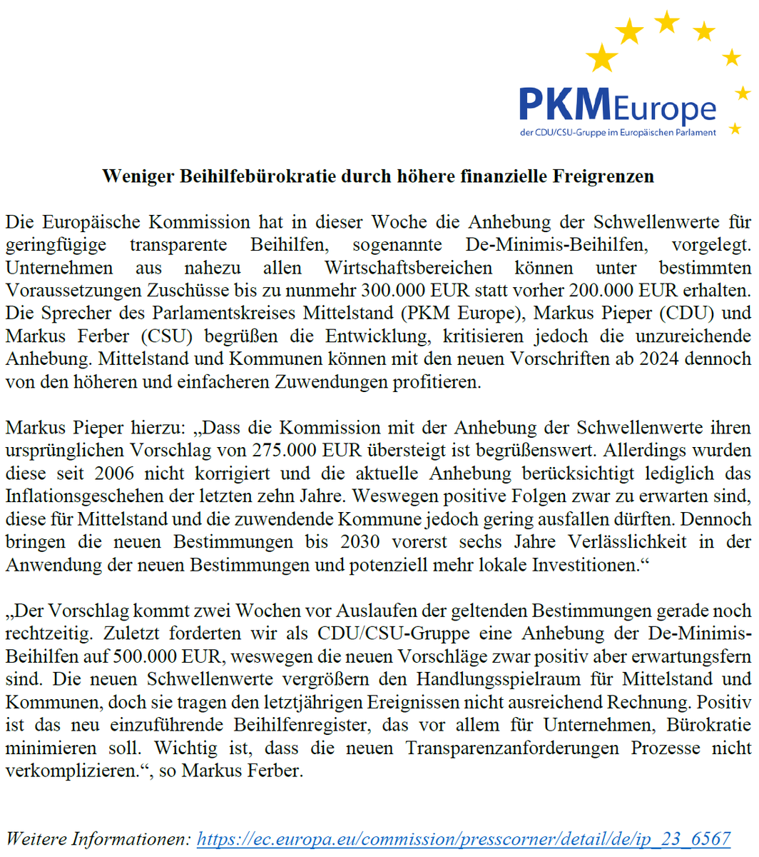 Mit den Neuerungen zu transparenten Beihilfen kann der Mittelstand ab 2024 auf höhere und bürokratiearme Zuwendungen hoffen. Das bedeutet Verlässlichkeit in der Anwendung und potenziell mehr lokale Investitionen. <a href="/markuspieperMEP/">Markus Pieper</a> und <a href="/MarkusFerber/">Markus Ferber</a> Ferber begrüßen die Entwicklung!