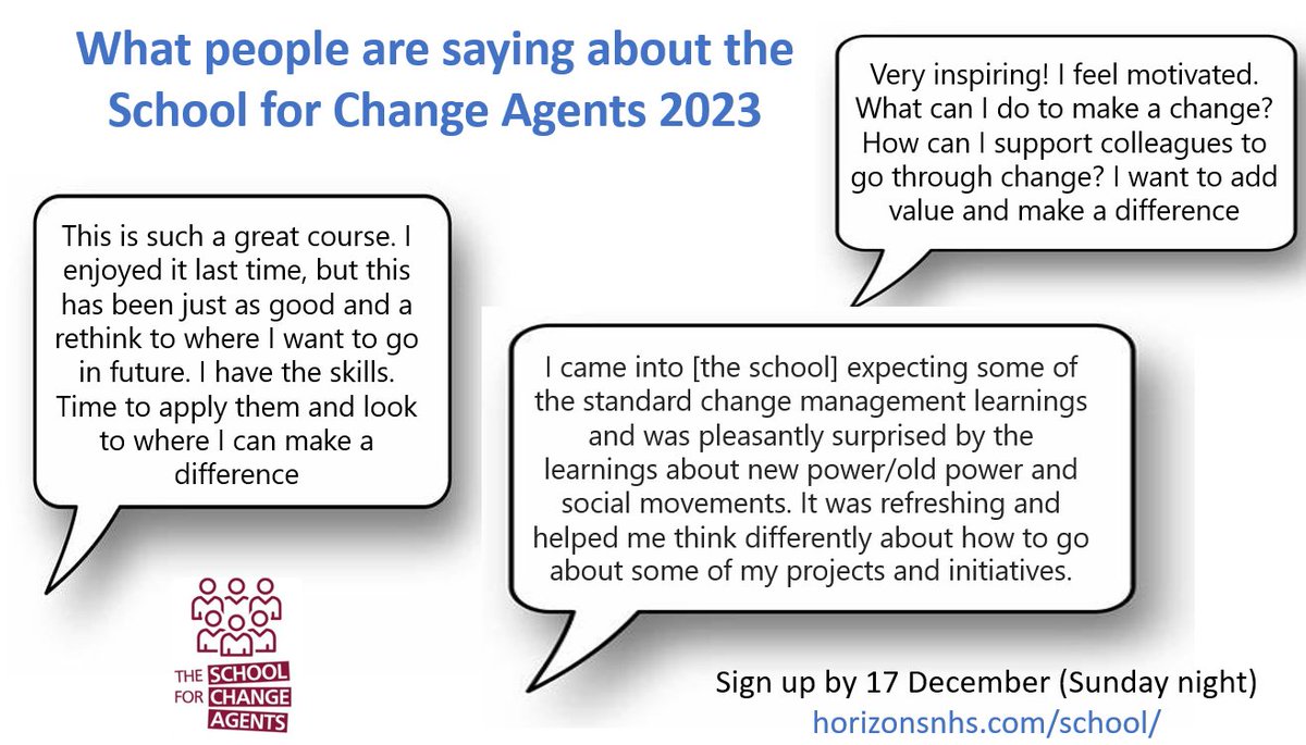 Registration for the School for Change Agents 2023 closes this Sunday 17th December. There's still time to join 8,000+ people in the current group. Open & free to all, anywhere in the world. There's also free certification for people who work in the NHS & partner organisations.