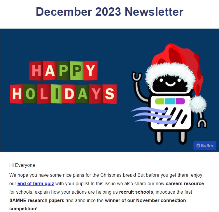 The #SAMHE newsletter went out yesterday!🎄 Learn how your actions are helping recruit schools, discover our end of term quiz, careers resource and the first SAMHE research papers, and find out who won our November connection competition! 👉buff.ly/41nxixk #ukedchat #IAQ