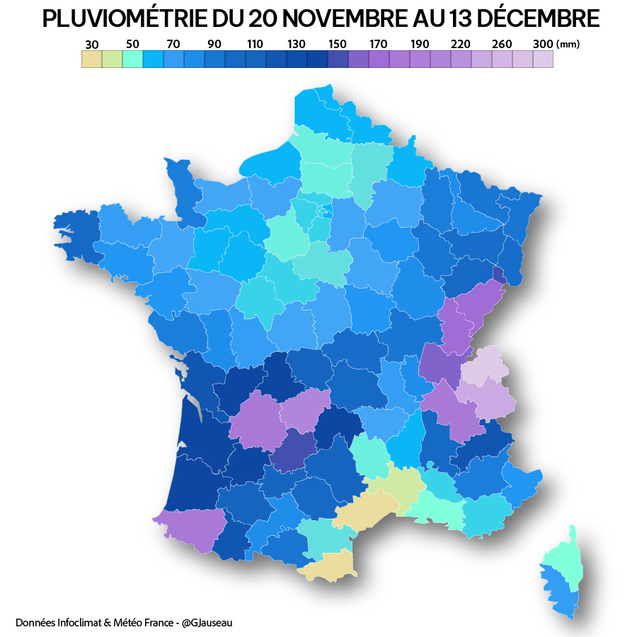 GJauseau's tweet photo. 💧En 3 semaines, la 🇫🇷 s'est retrouvée excessivement arrosée, en particulier du Centre aux Alpes. Parmi les départements les + #humides, on retrouve ;
🥇Haute-Savoie (304mm)
🥈Savoie (231mm)
🥉Corrèze (204mm)
Mais, le littoral méditerranéen demeure sec ;
🥇Hérault (22mm)
🥈Pyrénées-Orientales (29mm)
🥉Gard (38mm)