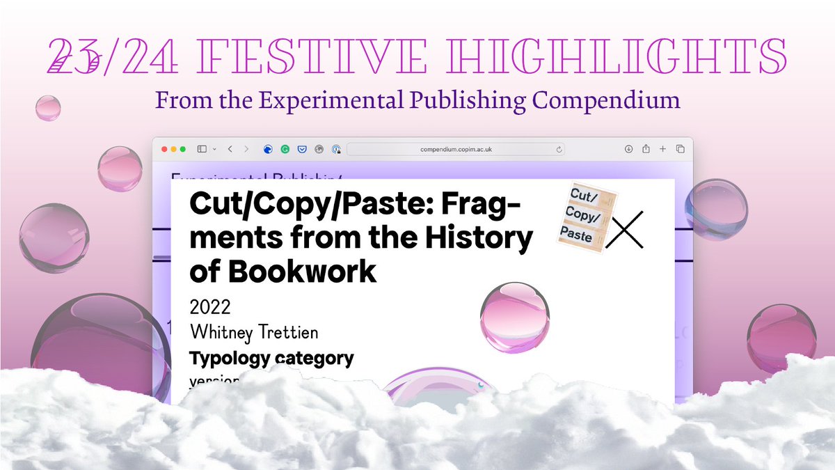 .@whitneytrettien’s #CutCopyPastetheBook has a place of honor in the #ExperimentalPublishingCompendium as a book experiment that traces today’s digital practices back to early modern ✂📓👻📓✂ book making, cutting and reassembly. 🔗compendium.copim.ac.uk/books/102