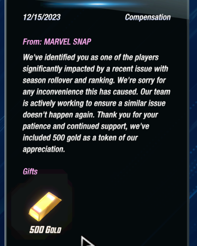 PinkSaffiah's tweet photo. Check your inbox for MMR compensation in @MARVELSNAP!  Yoink! https://t.co/YkoRIDNQmI