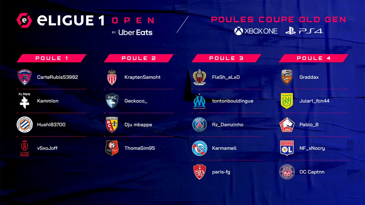 🚨 On y est : voici les poules qualificatives pour les phases finales de l'#eLigue1Open, Coupe #OldGen ! On compte sur vous pour encourager le représentant de votre club de coeur 👇