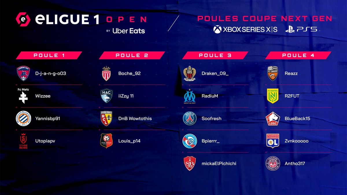 🚨 On y est : voici les poules qualificatives pour les phases finales de l'#eLigue1Open, Coupe #NextGen ! On compte sur vous pour encourager le représentant de votre club de coeur 👇