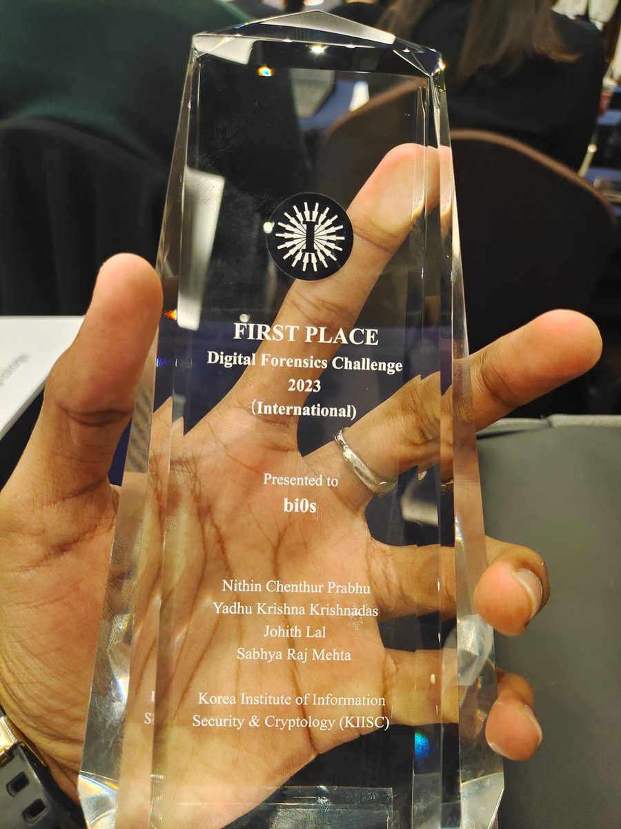 teambi0s (@teambi0s) on Twitter photo Our DFIR team won first prize in The International Digital Forensics Challenge (DFC) 2023, organized by <a href="/KIISC_DFR/">KIISC DFR</a>
<a href="/Azr43lKn1ght/">Nithin Chenthur Prabhu</a> , <a href="/5h4rrK/">sh4rk</a> , <a href="/sp3p3x/">Yadhu Krishna K</a> and <a href="/j0hith/">9(-_-9)</a> were invited to present at the DFRF ceremony in Seoul, South Korea.
Thank you <a href="/KIISC_DFR/">KIISC DFR</a> for this opportunity. Our DFIR team won first prize in The International Digital Forensics Challenge (DFC) 2023, organized by <a href="/KIISC_DFR/">KIISC DFR</a>
<a href="/Azr43lKn1ght/">Nithin Chenthur Prabhu</a> , <a href="/5h4rrK/">sh4rk</a> , <a href="/sp3p3x/">Yadhu Krishna K</a> and <a href="/j0hith/">9(-_-9)</a> were invited to present at the DFRF ceremony in Seoul, South Korea.
Thank you <a href="/KIISC_DFR/">KIISC DFR</a> for this opportunity.