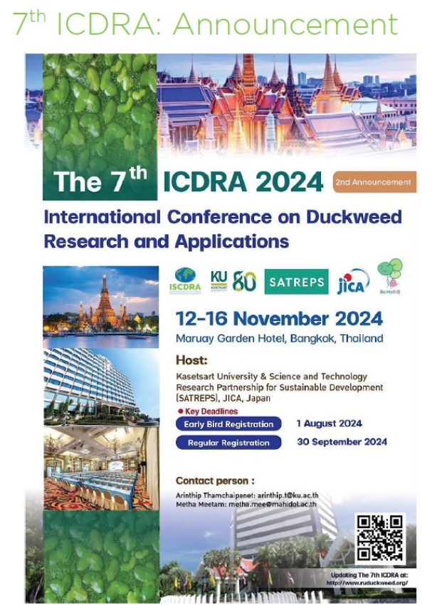 📢SAVE THE DATE: The 7th International Conference on Duckweed Research and Application will be held on 13 – 16 November 2024 in Bangkok. For further info see ruduckweed.org