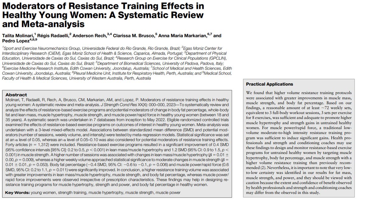 This systematic review and meta-analysis finds that a higher resistance training volume is likely to be concomitant with greater improvements in lean mass/muscle hypertrophy, muscle strength and body fat percentage, but not muscle power/rapid force in healthy young women.