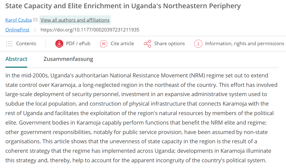 🆕@karolczuba argues that #Uganda’s regime extended to #Karamoja in order to subdue and exploit the region. Uneven state capacity is thereby used as a coherent strategy for control rather than a sign of an incongruent political system. #OpenAccess here: doi.org/10.1177/000203…