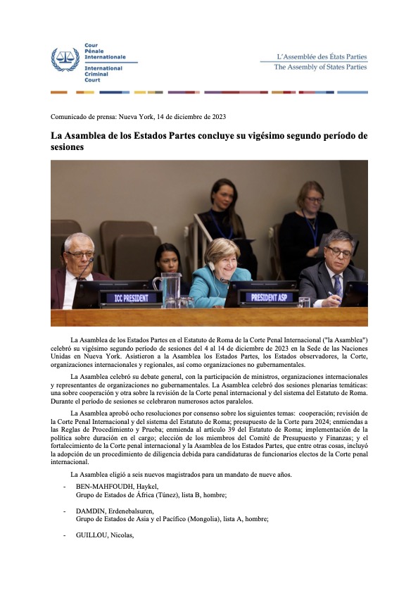 Press release: Assembly of States Parties concludes its twenty-second session