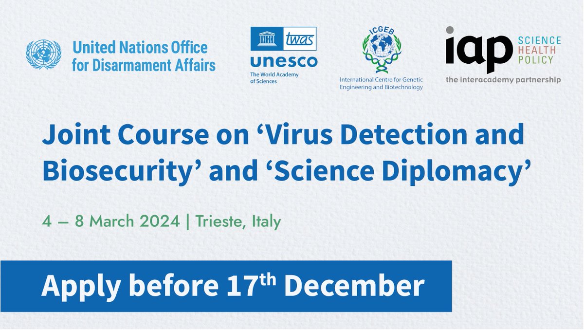 🚨 Don't miss out! Applications for the Course on ‘Virus Detection and Biosecurity’ and ‘Science Diplomacy’ close on December 17th. Apply now and be part of this incredible opportunity: icgeb.org/virus-detectio… @ICGEB, @TWASnews, @IAPartnership.