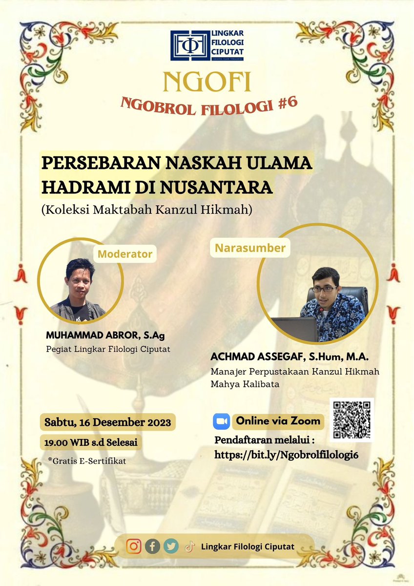 Malam minggu, kita NgoFi online dulu yukk, edisi ke-6 ini kita akan berkenalan dengan Maktabah Kanzul Hikmah ‘Mahya’, yang menyimpan ribuan koleksi buku &amp; manuskrip. 

Yukk, daftar di sini yaaa

bit.ly/Ngobrolfilolog…