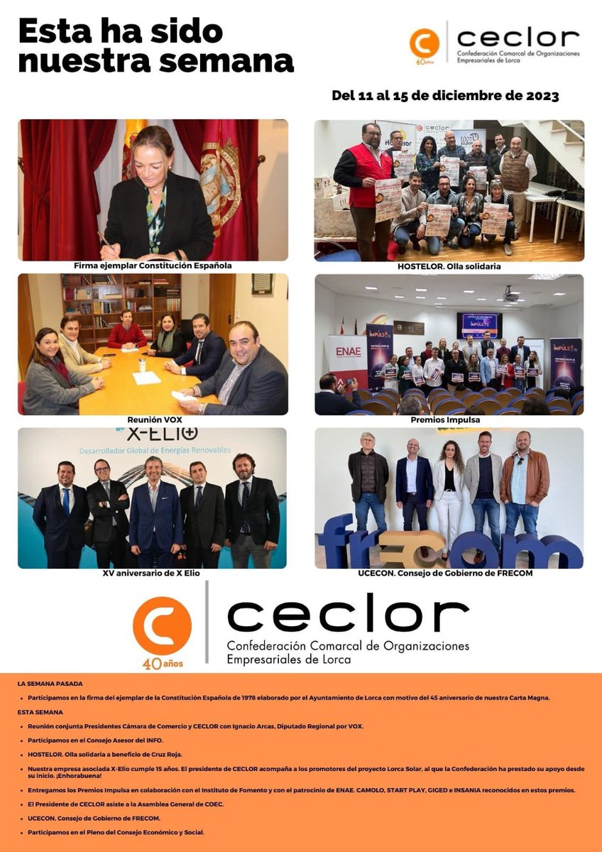CECLOR (@ceclor_) on Twitter photo 📷Resumen semanal:
✅Participamos en el Consejo Asesor del <a href="/infoRMurcia/">Instituto de Fomento</a>
✅<a href="/Hostelor/">Hostelor</a> celebra la Olla Solidaria
✅Entregamos los Premios #IMPULSA
✅Nuestro Presidente <a href="/juan_jodar/">Juan Jodar Bardon</a> asiste a la Asamblea General de <a href="/COEC_es/">COEC</a>
✅<a href="/Ucecon/">Ucecon</a>. Consejo de Gobierno de <a href="/FRECOMMURCIA/">FRECOM</a>
👇Y más 📷Resumen semanal:
✅Participamos en el Consejo Asesor del <a href="/infoRMurcia/">Instituto de Fomento</a>
✅<a href="/Hostelor/">Hostelor</a> celebra la Olla Solidaria
✅Entregamos los Premios #IMPULSA
✅Nuestro Presidente <a href="/juan_jodar/">Juan Jodar Bardon</a> asiste a la Asamblea General de <a href="/COEC_es/">COEC</a>
✅<a href="/Ucecon/">Ucecon</a>. Consejo de Gobierno de <a href="/FRECOMMURCIA/">FRECOM</a>
👇Y más