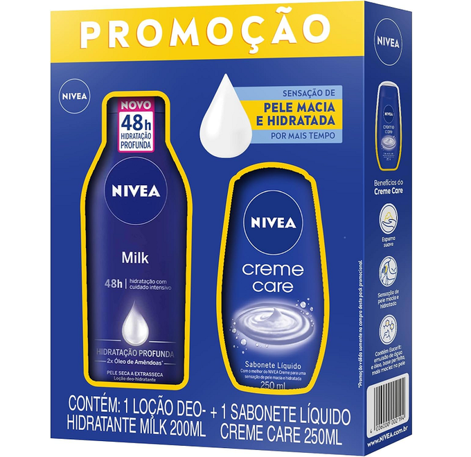 NIVEA Kit Loção Hidratante Milk Pele Seca a Extrasseca 200ml + Sabonete Líquido Creme Care 250ml