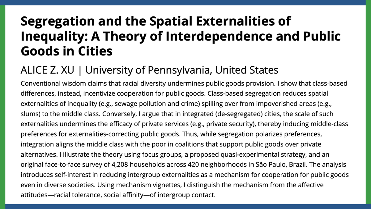 Using focus groups, a proposed quasi-experimental strategy, & a survey in São Paulo, @alice_z_xu argues that while segregation polarizes preferences, integration aligns the middle class & the poor to support public goods provision. #APSRFirstView ow.ly/Hgyh50QgZkG