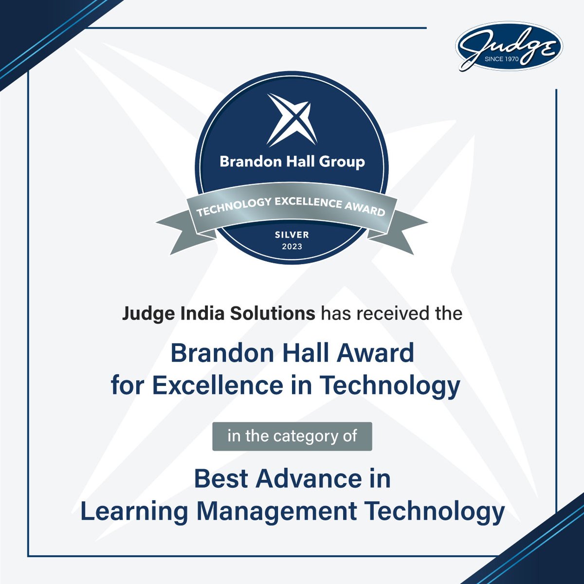 #BHGAwards
We feel ecstatic to announce that Judge India Solutions has clinched the prestigious @BrandonHallGrp Award for Excellence in Technology!

Recognized in the category of Best Advance in Learning Management Technology, this achievement acknowledges our commitment to