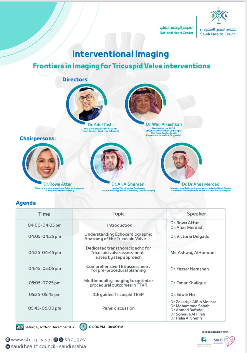 ⚽️Kicking off @SACIS_KSA Interventional Imaging Webinar Series 🗓️Saturday December 16th 4-6 pm Riyadh ⏰ (8-10 am EST) 🎯Laying the foundations for tricuspid valve imaging 🌟Distinguished Speakers ✍🏽Free registration open 🌍 us06web.zoom.us/webinar/regist…