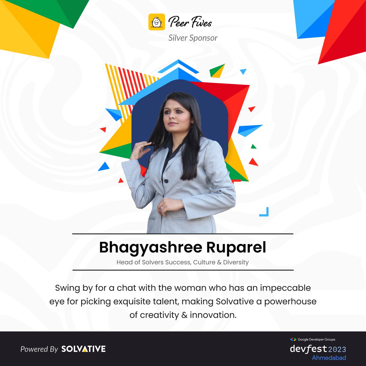 Meet Bhagyashree Ruparel, Head of Solvers Success at Solvative, at #devfest2023 in Ahmedabad! Discover how we're shaping a talent powerhouse and fostering diversity in tech. #DevFestAhm #silversponsor #GDG #TechCommunity #DevFest2023 #Gratitude