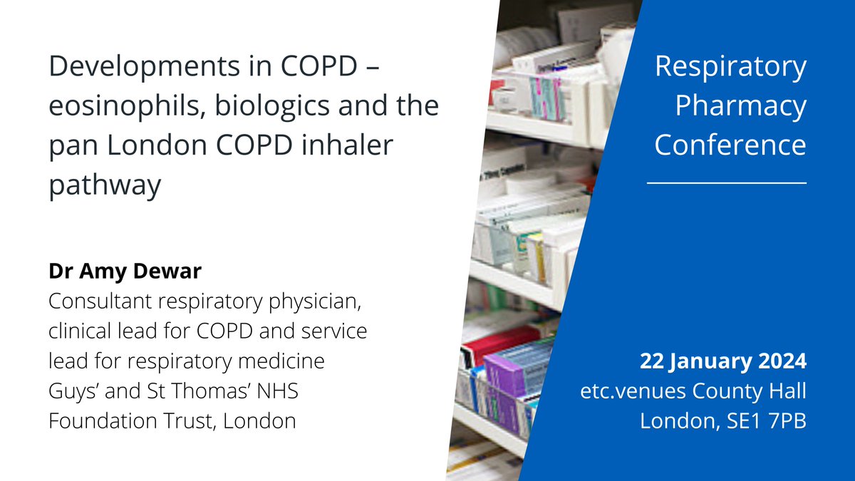 Less than 4 weeks until our #Respiratory #Pharmacy Conference Hear about developments in #COPD: #eosinophils, #biologics and the pan London COPD inhaler pathway with the session from Dr Amy Dewar Book your place here: bit.ly/47xx5Kk @GrainnedAn