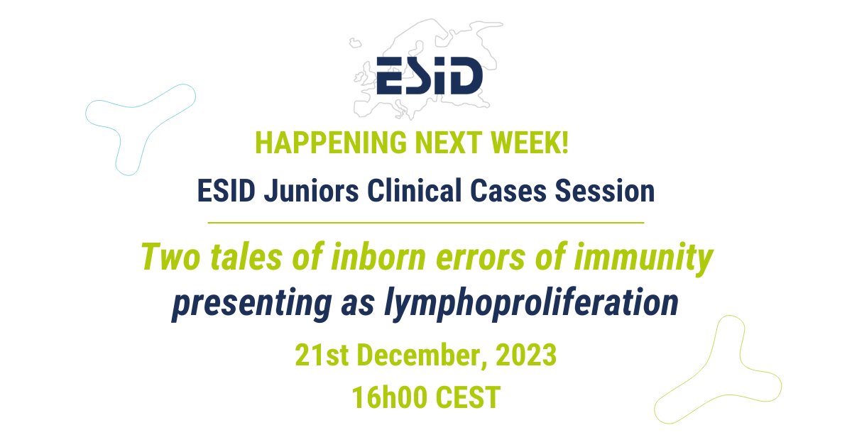 🔔LIVE ESID WEBINAR NEXT WEEK - Juniors Clinical Cases!!!

Join us for this year's final Juniors Clinical Cases webinar session on 21 December (16:00 CET).

Register here 👇
tinyurl.com/4j8zdcwx
#PIDD #inbornerrors #lymphoproliferation