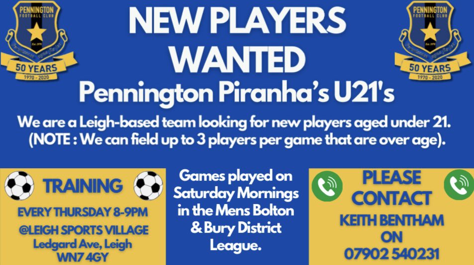 There are currently places available in Pennington Piranha’s U21’s squad. They will be allocated on a first come first serve basis. If you know of anyone who may be interested in playing for a Leigh-based team, please get in touch. @OfficialBBDFL @pennington_fc