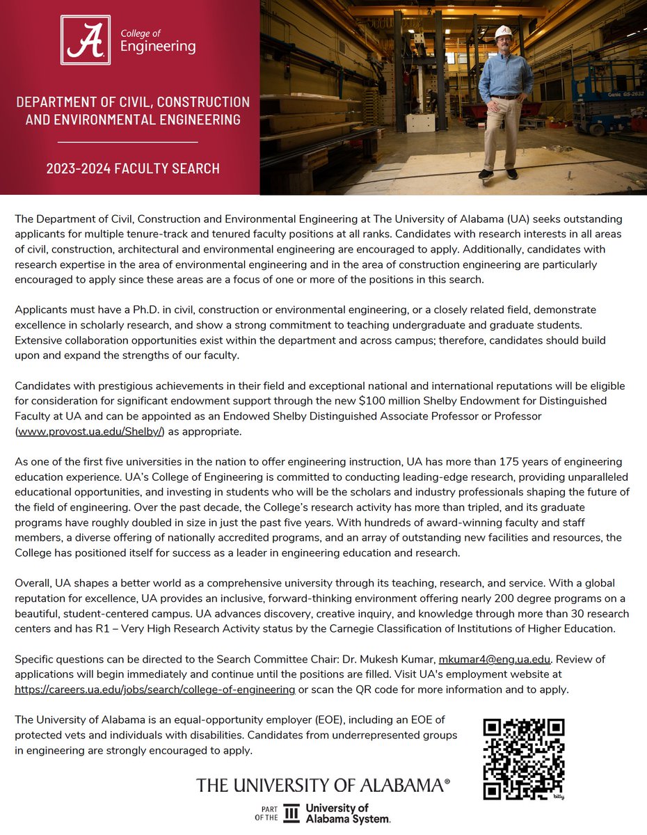 !!Faculty Search!! Come work with me at @UofAlabama Civil, Construction, and Environmental Engineering dept. We are hiring for multiple positions (with a focus on environmental engineering and construction engineering). @bamaengineering @AlabamaWater careers.ua.edu/jobs/search/co…