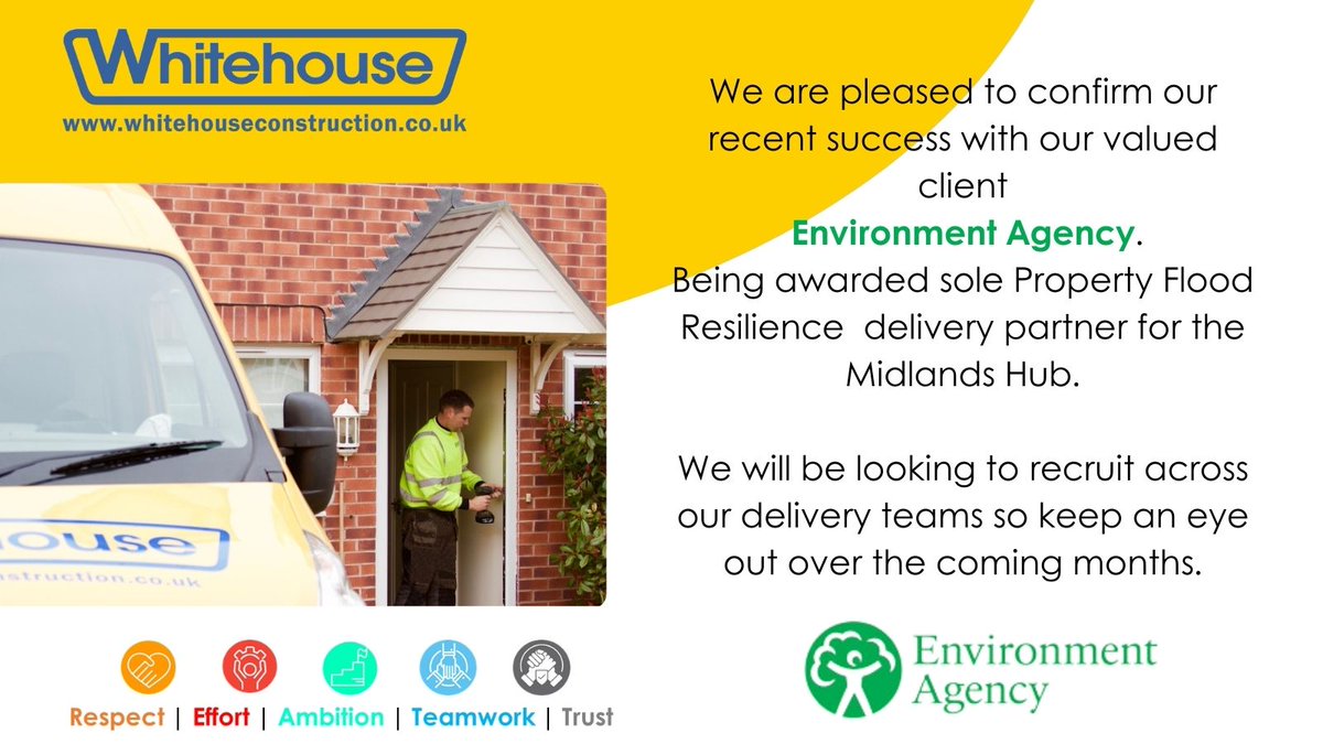 #FeelGoodFriday We look forward to working with the @EnvAgency over the next 4 years as sole delivery partner for the Midlands Hub! #PropertyFloodResilience #WeAreWhitehouse