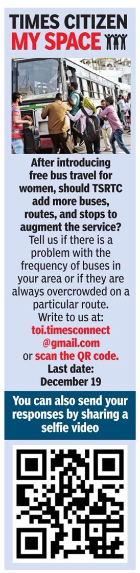 After introducing free bus travel for women, should @TSRTCHQ add more buses, routes, and stops to augment the service? Tell us if there is a problem with the frequency of buses in your area or if they are always overcrowded. Write to us at: toi.timesconnect@gmail.com.