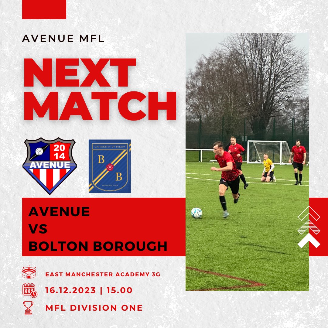 UP NEXT | Avenue face @BoltonBoroughFC in a @THEMCRFL Division One Fixture. The lads will be hoping for an early Christmas presents by taking the 3 points in the last game before the break. 🔴⚫️🔵 #AvenueFC #OneClub #UpTheAve
