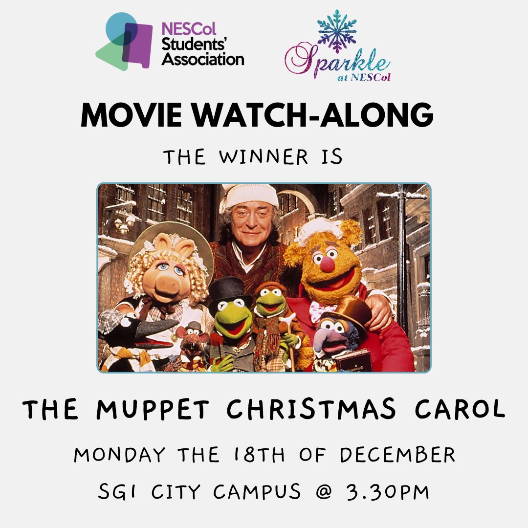 📢The winner (by one vote) of the Sparkle Movie Watch-Along is The Muppet Christmas Carol!
If you're free on Monday the 18th, why not join us in SG1 on City Campus and we can watch it together 🎬