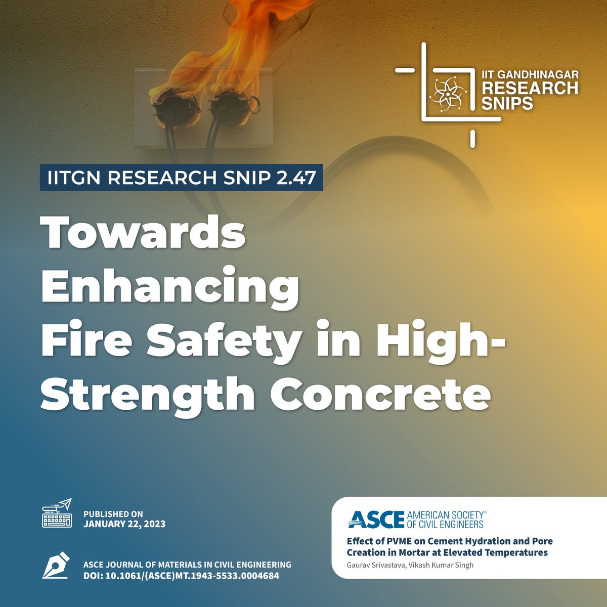 iitgn's tweet image. #IITGNResearchSnip 2.47: The study addresses fire-induced #spalling in high-strength concrete (#HSC) commonly used in structures like offshore platforms, bridges, and tall buildings. It focuses on understanding how polyvinyl methyl ether (#PVME) influences