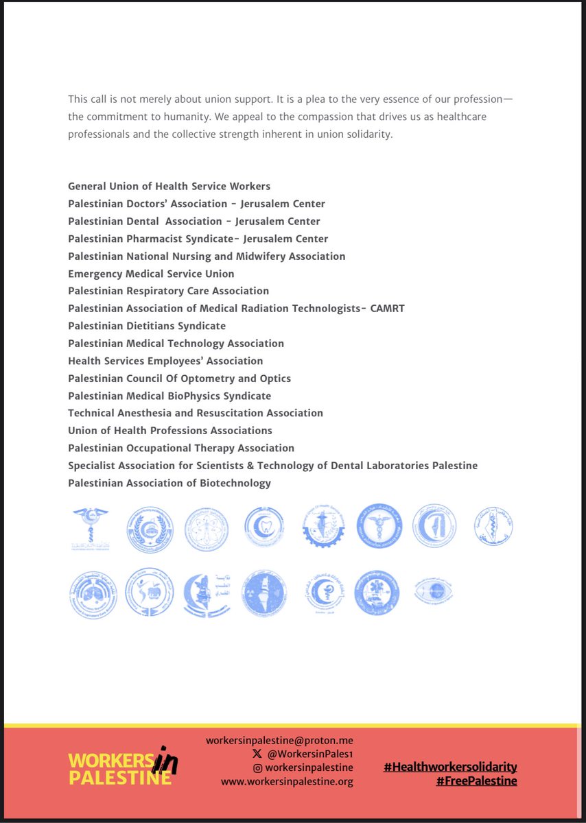 Palestinian healthcare workers are working tirelessly to deliver care in unfathomable conditions. They deserve unwavering solidarity! Read their call for global solidarity, share it with your colleagues & organise around it. #healthworkersolidarity workersinpalestine.org/calls-to-medic…