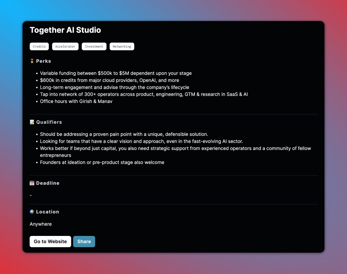 New addition to #AIGrantsFinder: The @scaletogether AI Studio

• Between $500k & $5M in funding, dependent upon your stage
• Long-term engagement and advise through the company’s lifecycle
• Community of worldwide operators & founders to learn with

⬇️

grantsfinder.portkey.ai/item/together-…