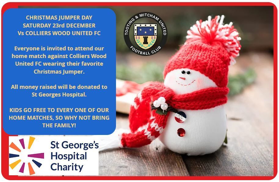 On 23rd December we have a home match against Colliers Wood United FC and everyone is invited to attend wearing their favourite Christmas jumper. All money raised will be donated to St. Georges Hospital. Bring the kids along for free!
#tmcommunitysportsclub #tmunitedfc