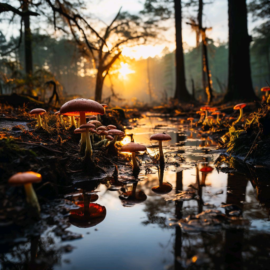 . 
🌿🍄 Nature's Fantasy at Sunrise 🍄🌿

In the early light, the mushroom forest reveals its vibrant hues and mystical charm, a serene escape into nature's own fantasy. #SunriseSerenity #MagicalMushrooms