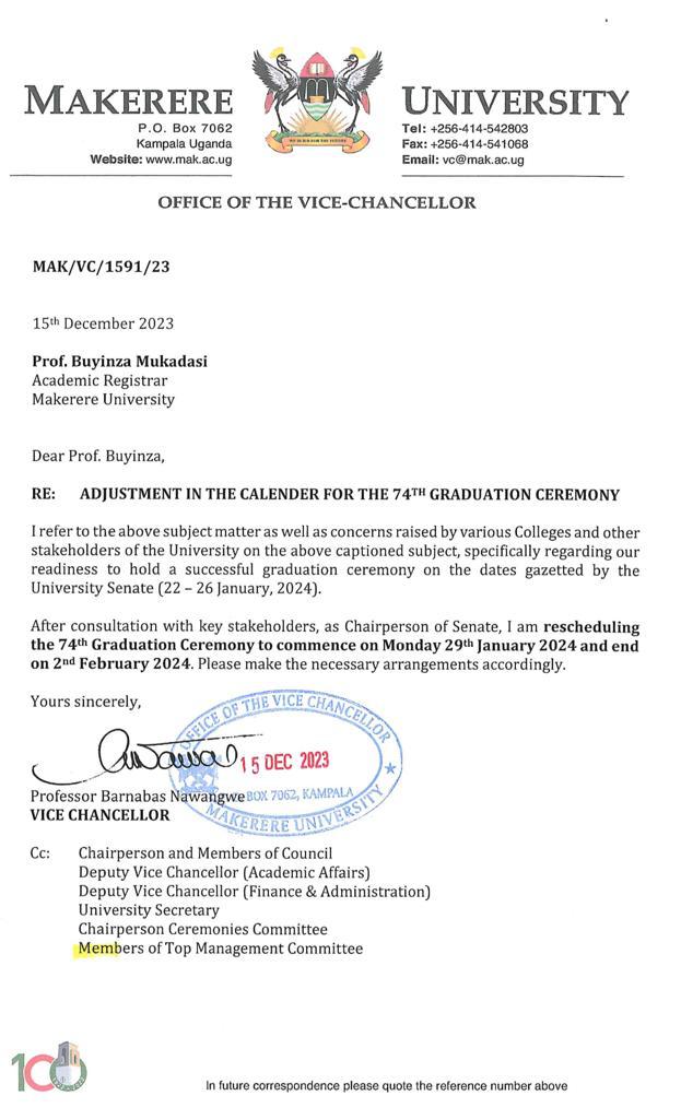 JUST IN: The Vice-Chancellor, @ProfNawangwe, who doubles as Chairperson of Senate, has agreed to reschedule the 74th graduation ceremony to commence on 29th January, 2024 till the 2nd February, 2024. All stakeholders are informed.