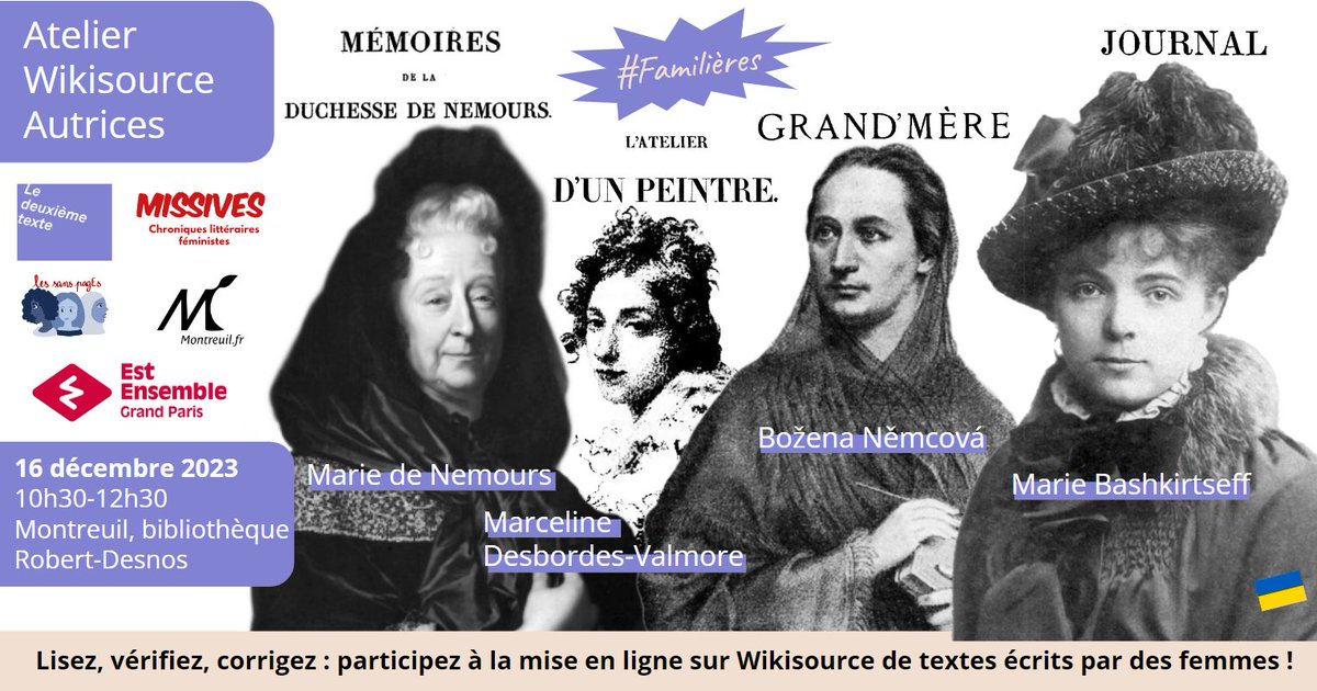 Demain de 10h30 à 12h30, mise en ligne de livres de femmes dans la salle Ada Lovelace de la bibliothèque Robert Desnos de <a href="/montreuil/">Ville de Montreuil</a>.
Cet atelier <a href="/wikisource_fr/">Wikisource</a> sera centré sur le thème #familières du défi #JeLaLis (écrits intimes, autobiographiques) : fr.wikisource.org/wiki/Wikisourc…