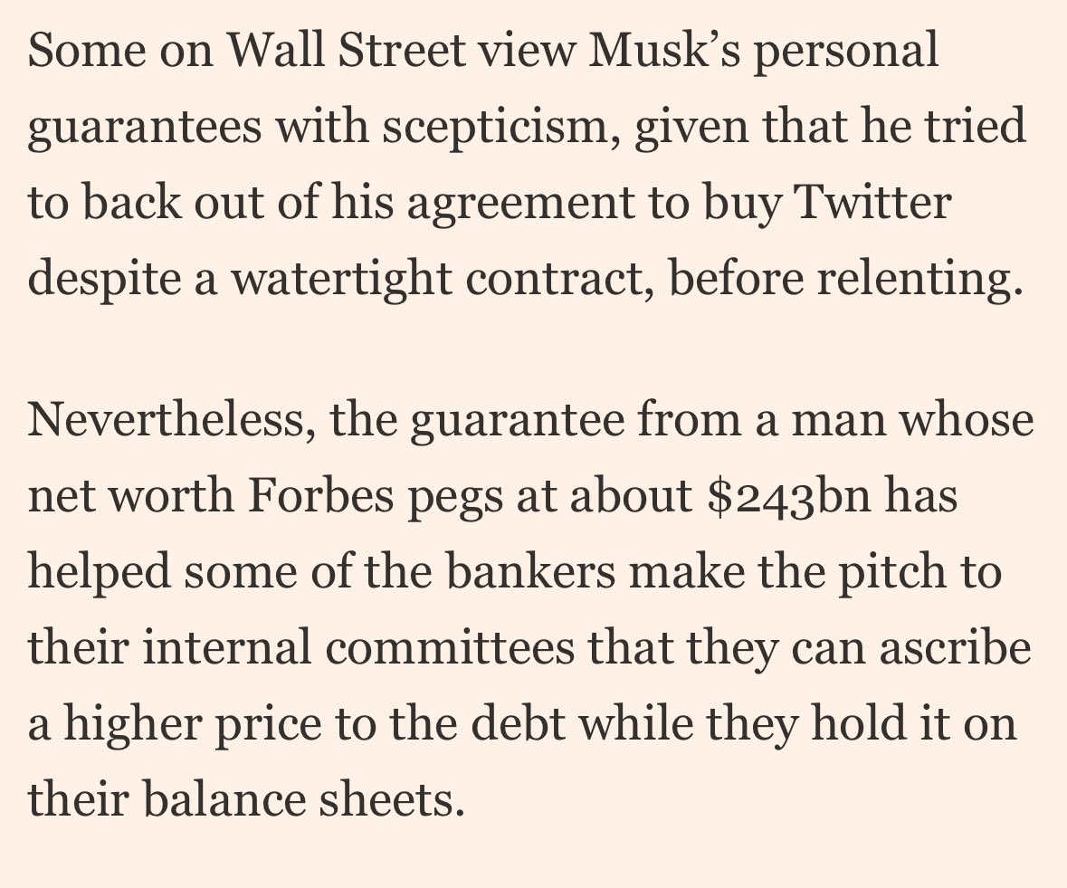 Elon Musk privately told some of the banks who lent him $13bn to buy Twitter that they would not lose any money lending to him. Why that matters: the assurance is impacting how banks mark that loan on their books @FTJFranklin @OrtencaAl @MsHannahMurphy ft.com/content/bc0b65…