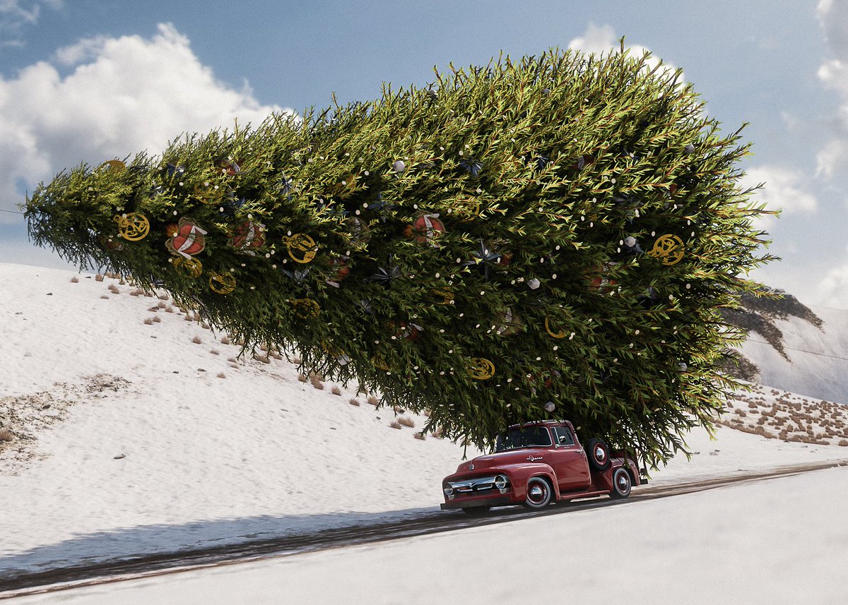 Oh look! It's a little red truck, hauling a Christmas tree!